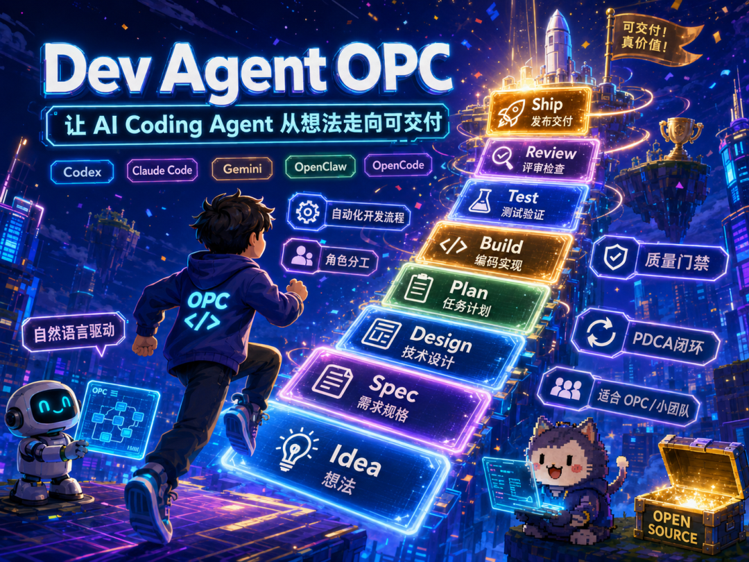 Dev Agent OPC 把想法、范围、规格、执行与交付检查组织成一个连续工作台。