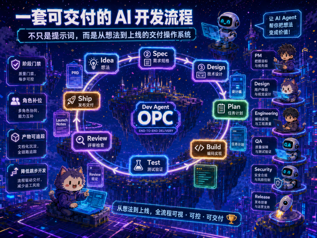 Dev Agent OPC 希望让想法到项目交付的过程更可见、更可检查。