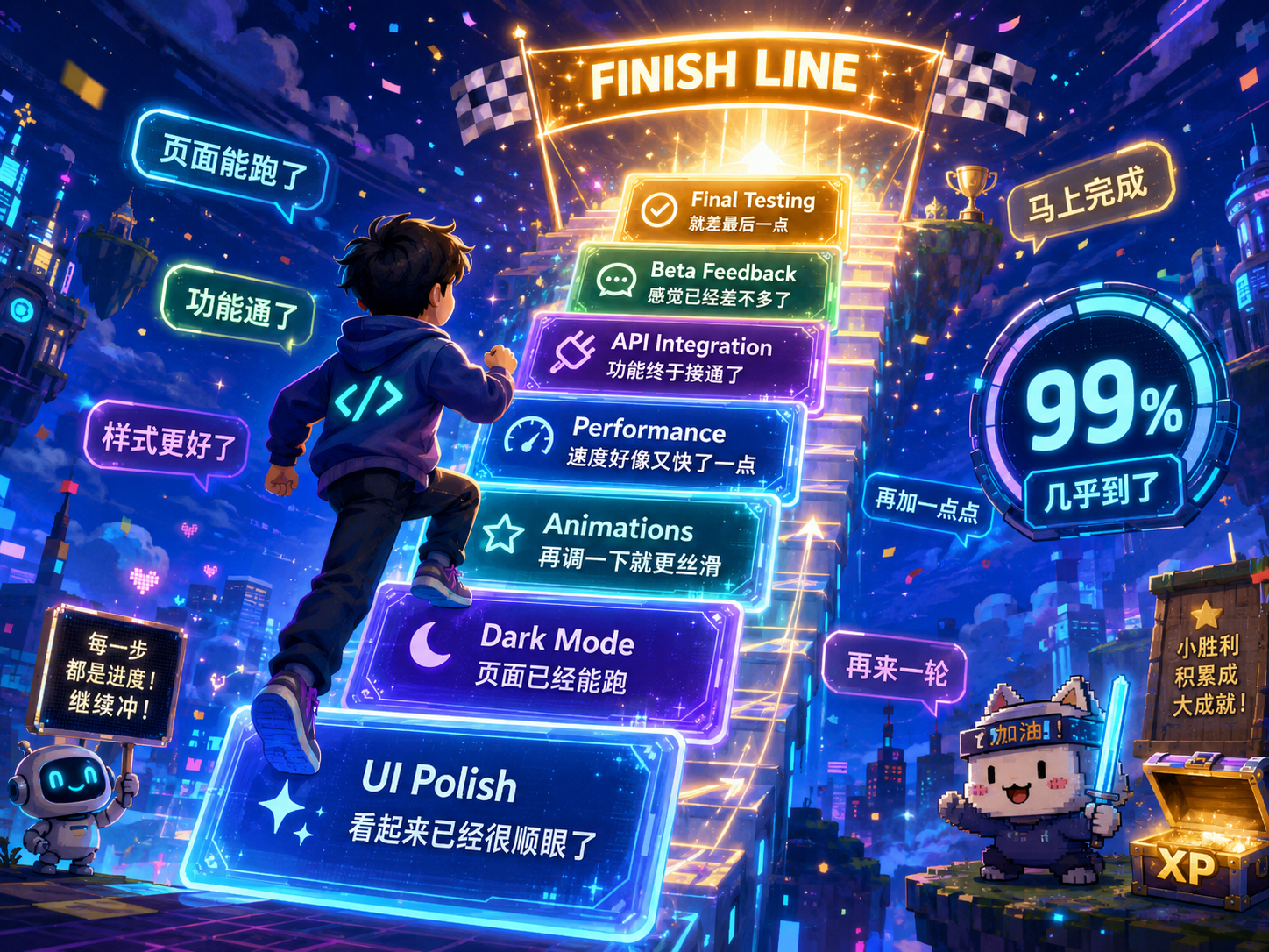 开发者沿着发光进度阶梯奔向终点线，旁边显示 99% 进度