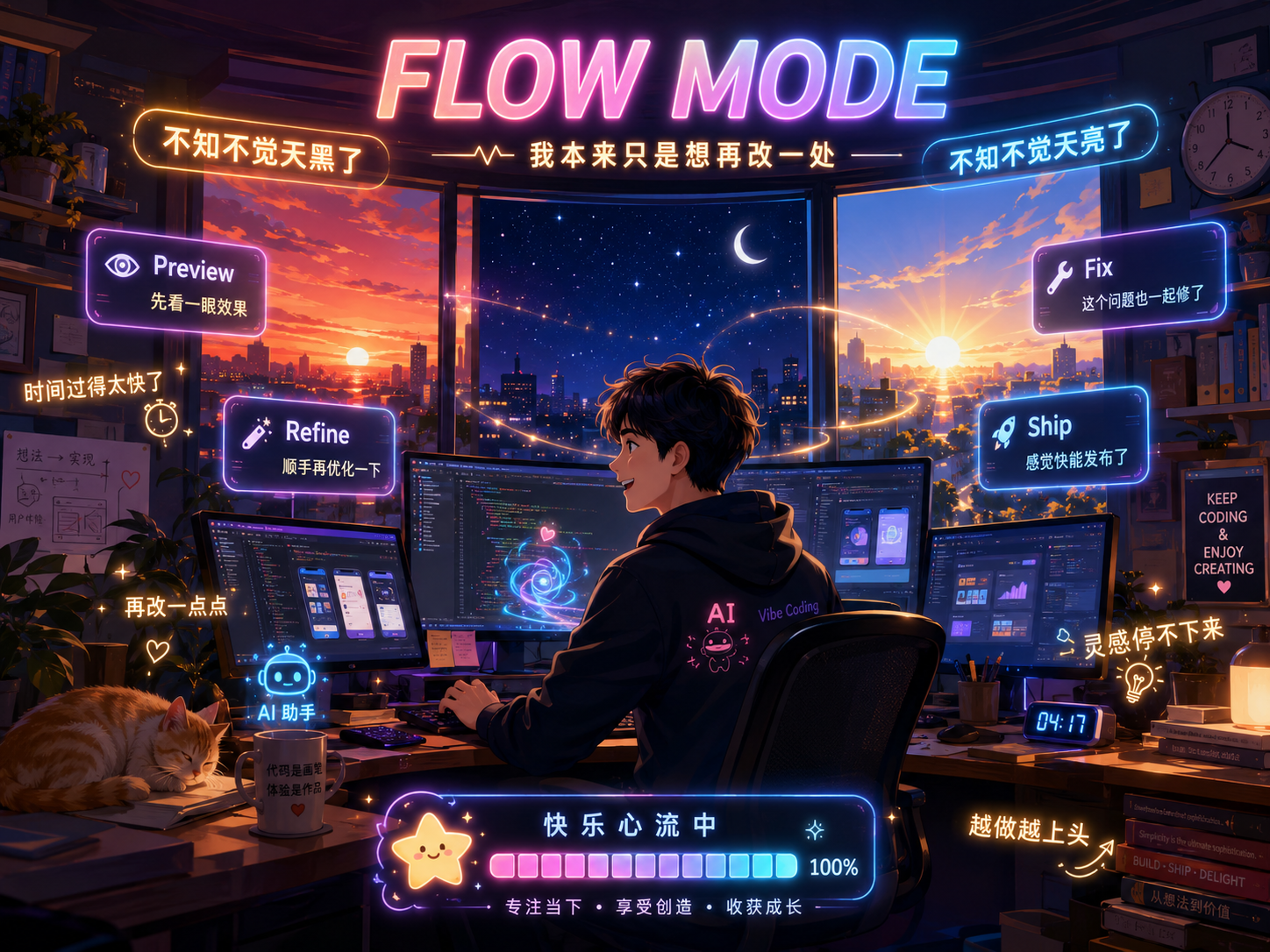 Flow Mode：开发者沉浸在编程心流中，窗外从日落到夜晚再到日出