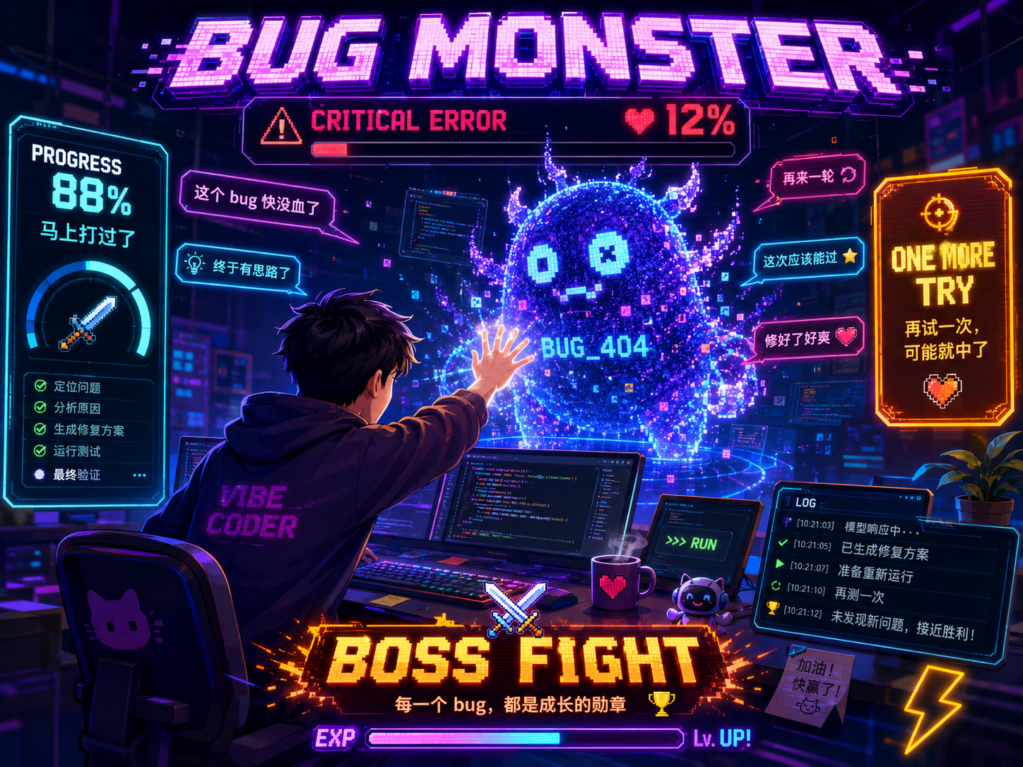 AI 编程中的 bug 被画成游戏 Boss，进度 88%，Boss 血量 12%