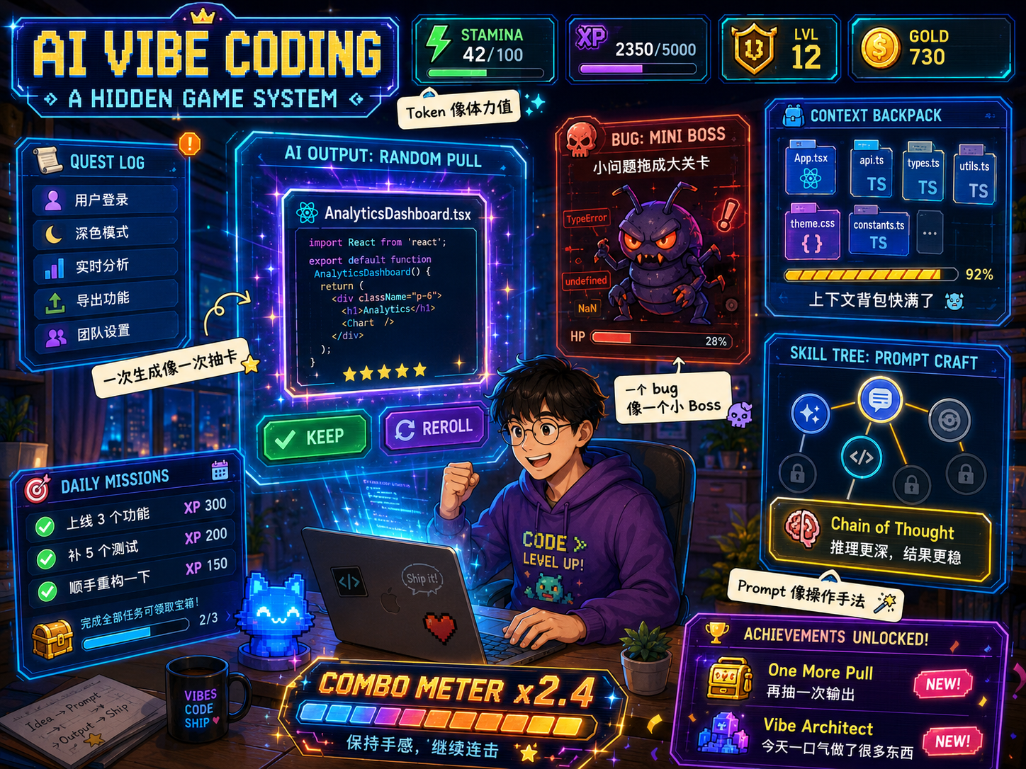 AI Vibe Coding 被画成隐藏游戏系统，包含任务、体力、背包、技能树、成就等面板